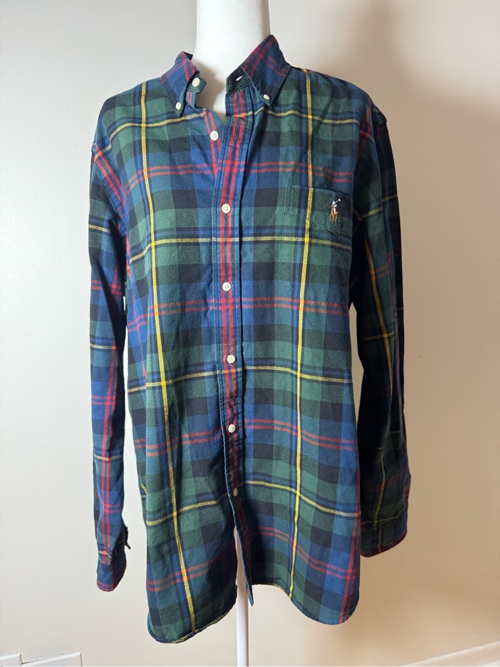 Ralph Lauren Shirt Mens XL Blue Green Red Pony Tartan Plaid Heritage Classic